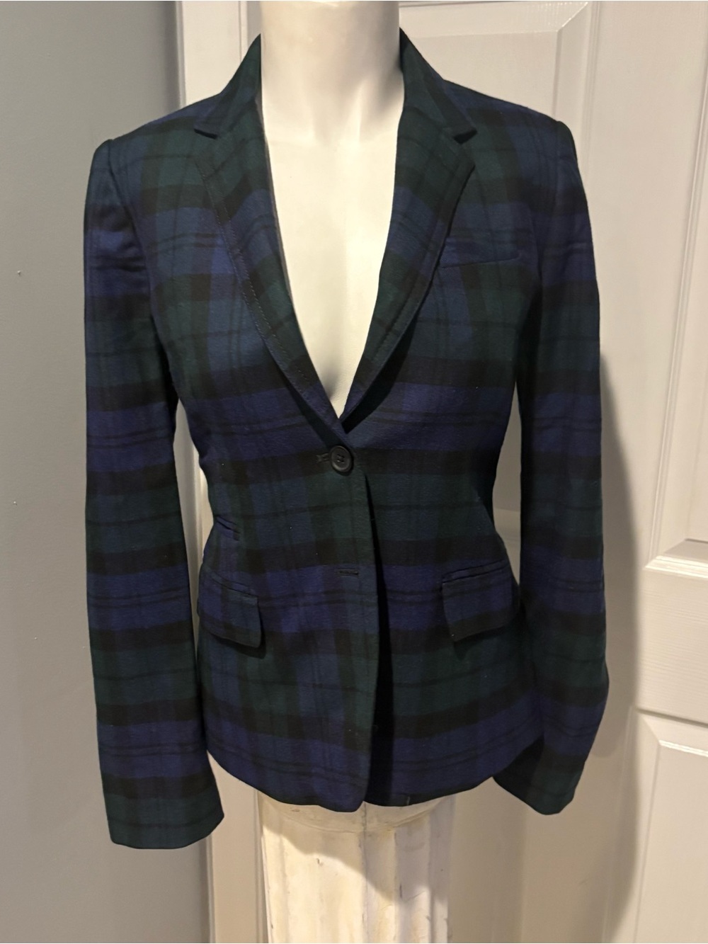 J Crew Wool Plaid Single-Button Blazer Jacket in Navy Hunter Green Black S/4